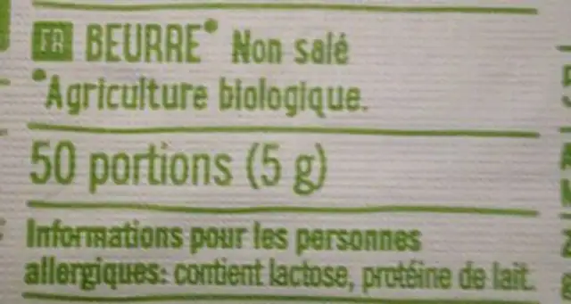 Roomboter ingredients label