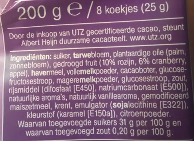 Choco Chip Cranberry ingredients label