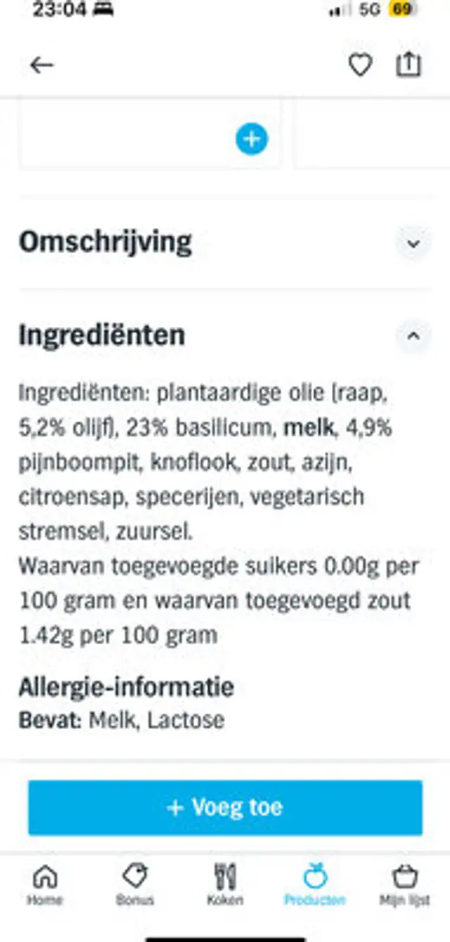 Pestosaus Verde ingredients label