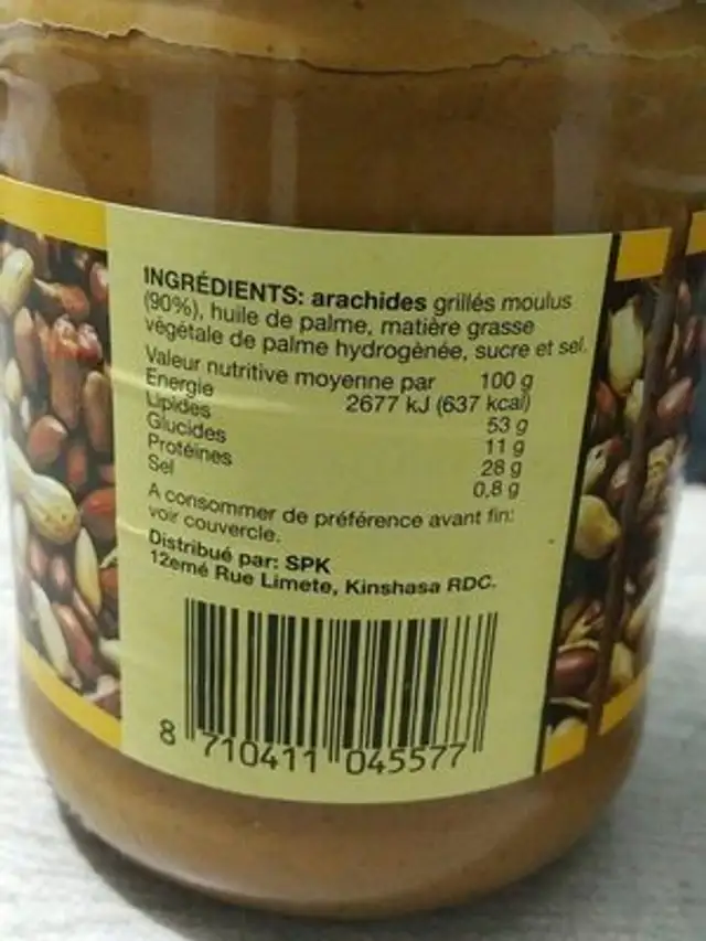 Pâte d'arachide ingredients label