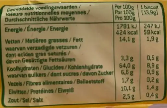 Galleta Salada Tom-italiana nutrition facts table