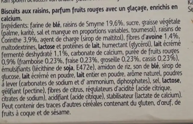 Sultana Yofruit, fruits rouges ingredients label