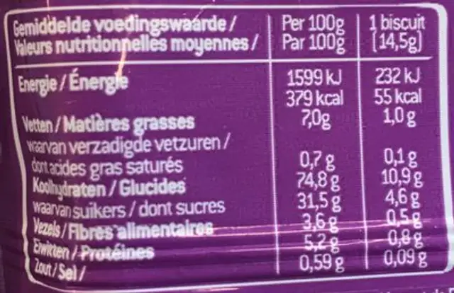 Sultana Single Fruitbiscuit Bosvruchten nutrition facts table