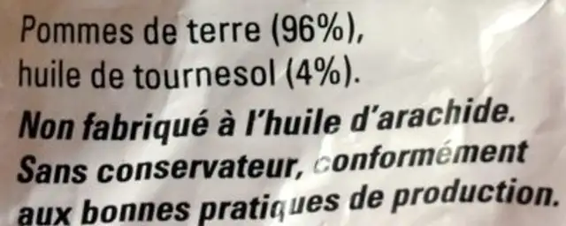 Frites Tradition ingredients label