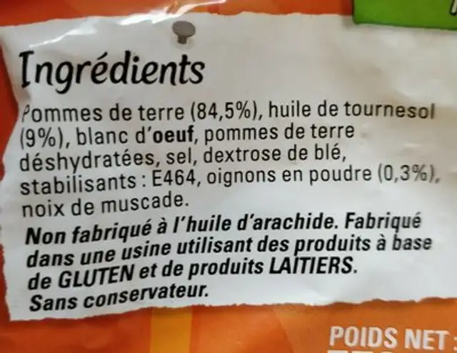 Maxi Rösti ingredients label