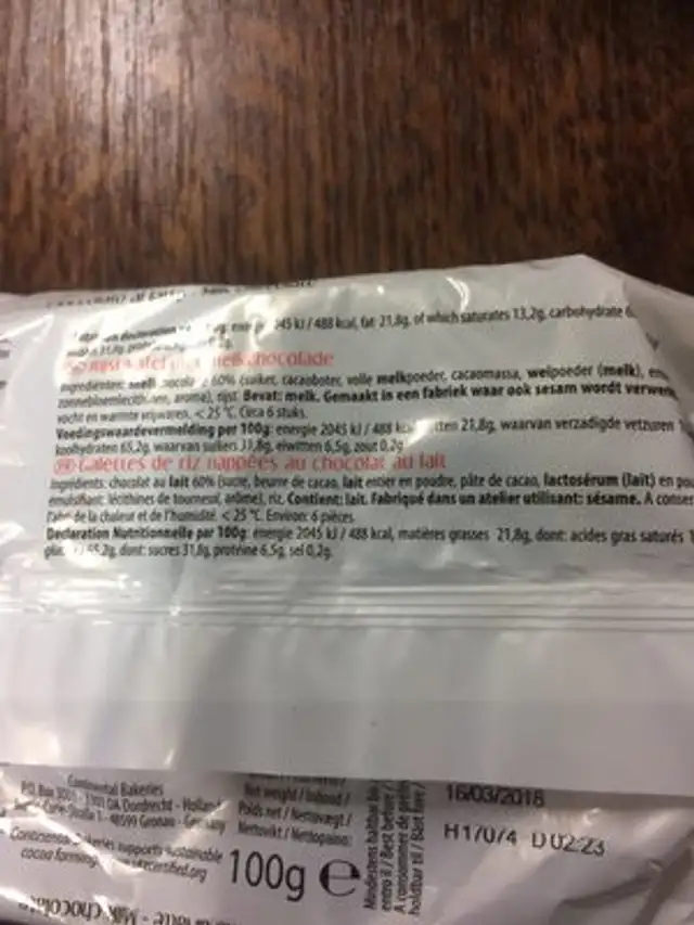 Continental Bakeries Reiswaffeln Milchschokolade ingredients label