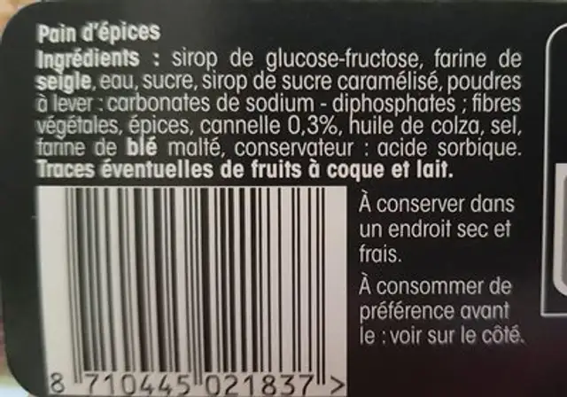 Pain d'épices ingredients label