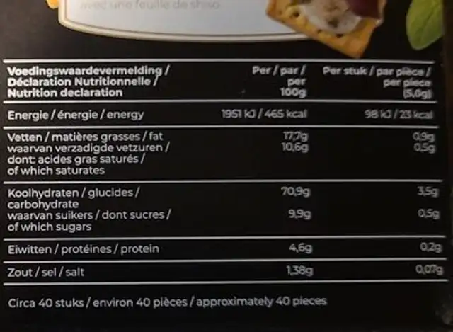 Party extra nutrition facts table