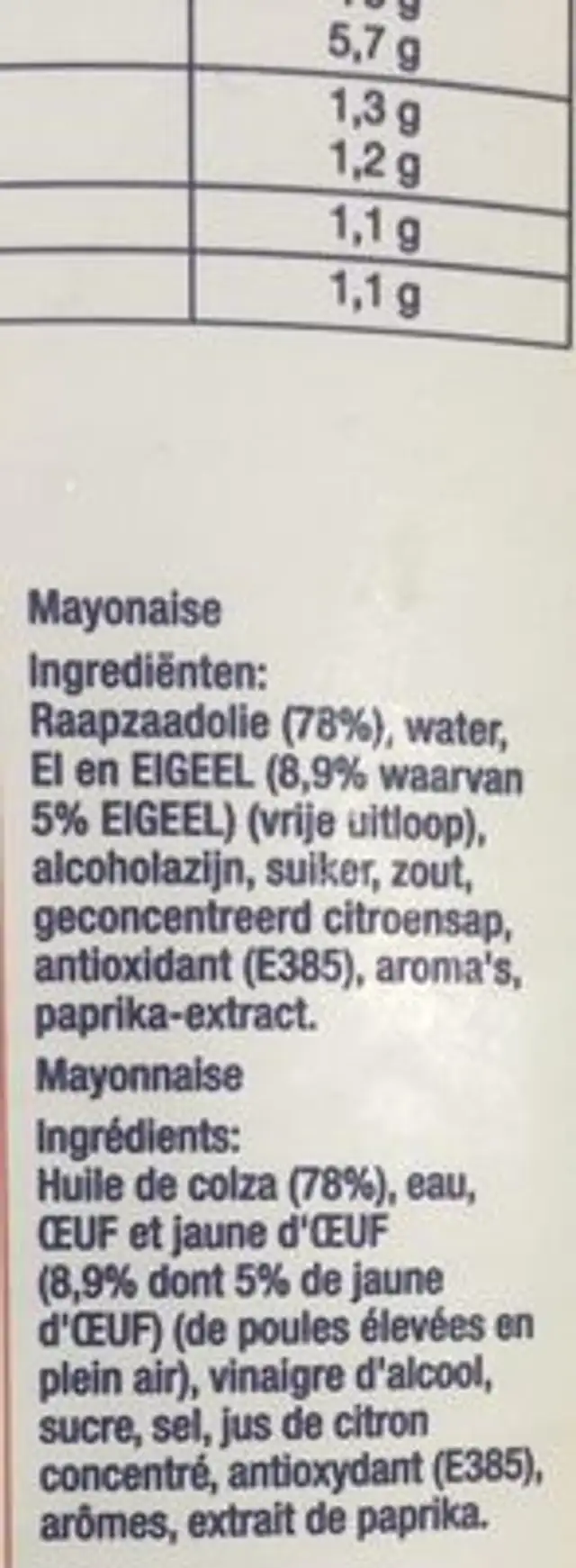 Mayonnaise Real ingredients label