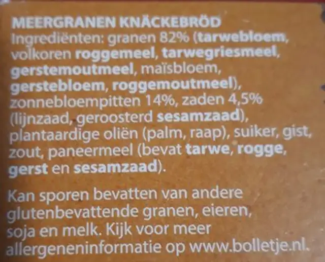 Bolletje Ontbijt Oerknäck Meergranen ingredients label