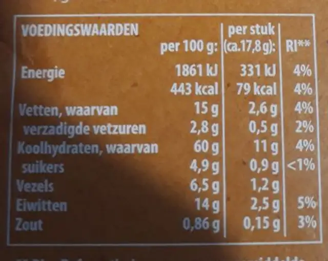 Bolletje Ontbijt Oerknäck Meergranen nutrition facts table