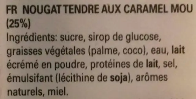 Marandi Caramel Nougat ingredients label