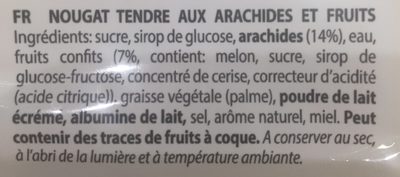 Nougat Soft (Cacahuètes et fruits) ingredients label