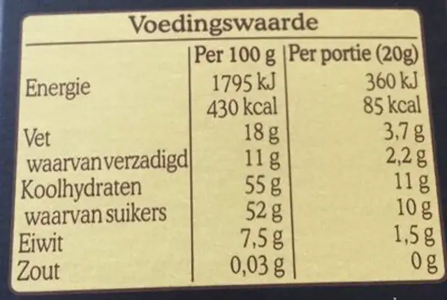 Specials Extra Puur nutrition facts table
