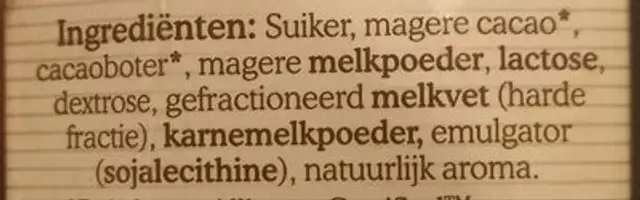 Chocoladevlokken melk ingredients label
