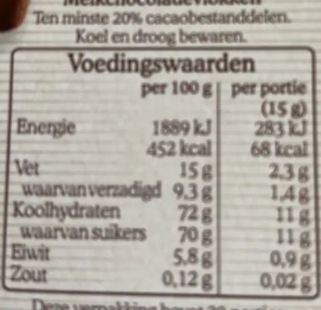 Chocoladevlokken melk nutrition facts table
