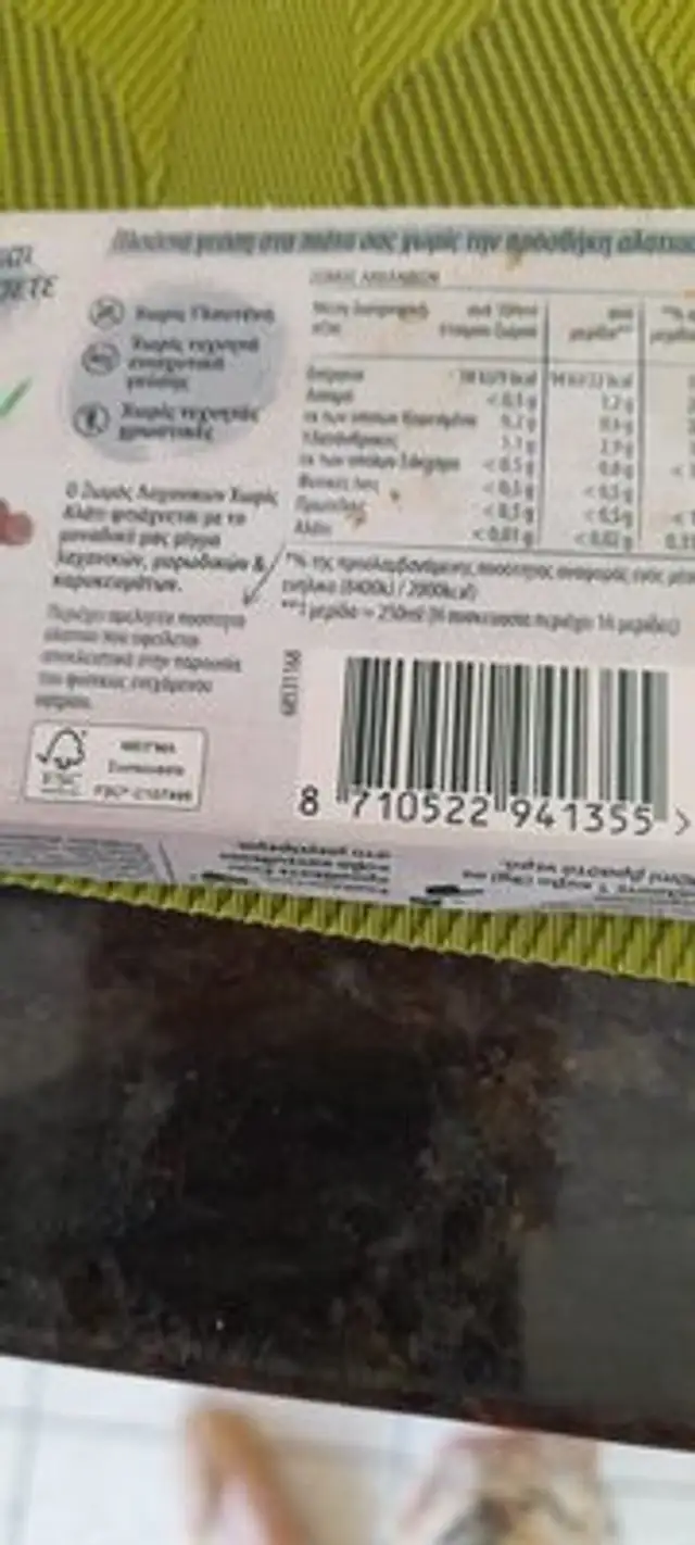 Unknown nutrition facts table