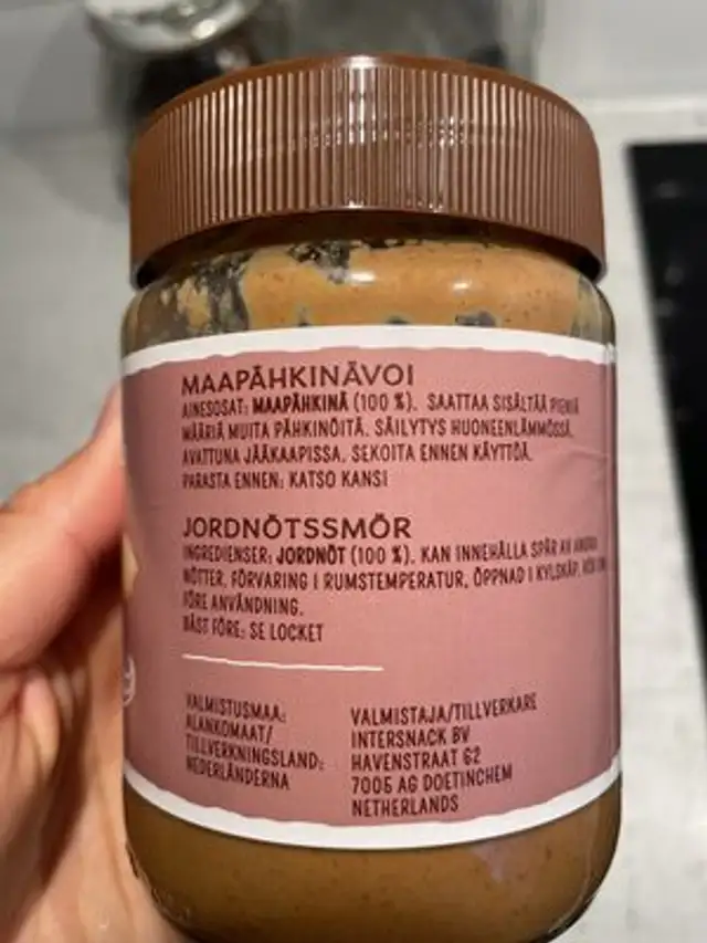 MAAPÄHKINÄVOI JORDNÖTSSMÖR Crunchy 100% ingredients label