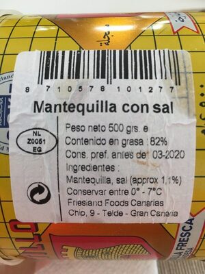 Mantequilla Fresca ingredients label