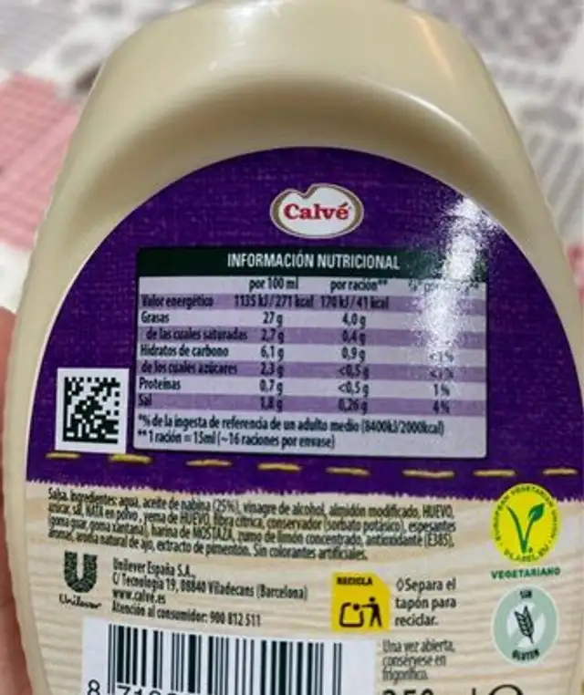 Ajo Suave nutrition facts table
