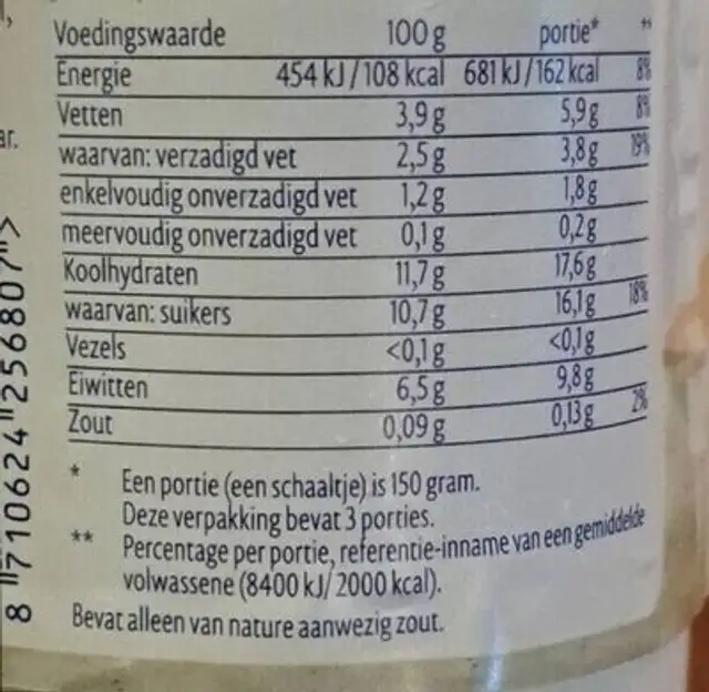 Vanille romige kwark nutrition facts table