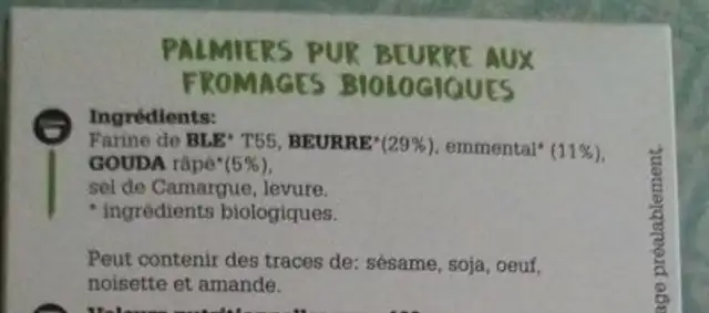 Palmiers feuilletés au fromage ingredients label
