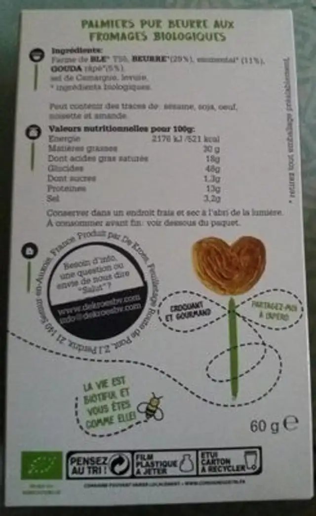 Palmiers feuilletés au fromage nutrition facts table