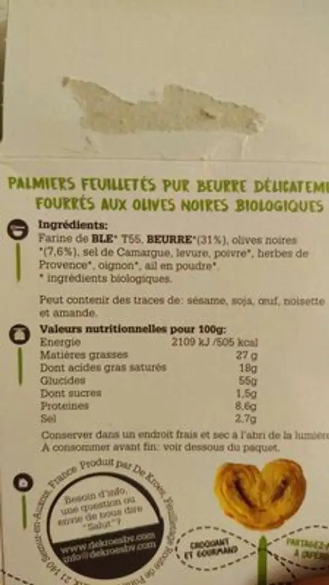 Palmiers feuilletés olive noire ingredients label