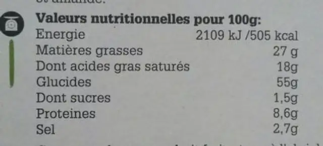 Palmiers feuilletés olive noire nutrition facts table