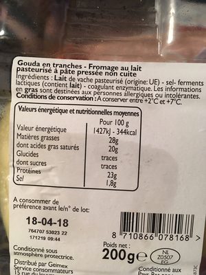 Gouda en tranches ingredients label