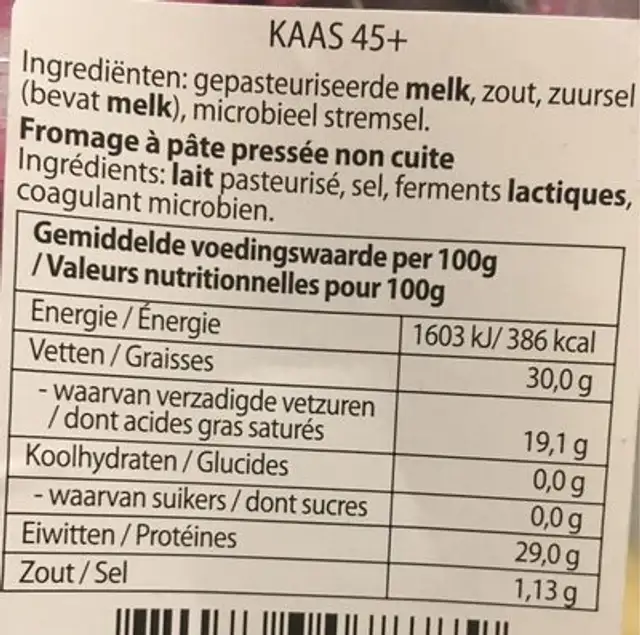 Emmental nutrition facts table