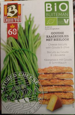 Organic cheese biscuits with matured gouda and chive front packaging