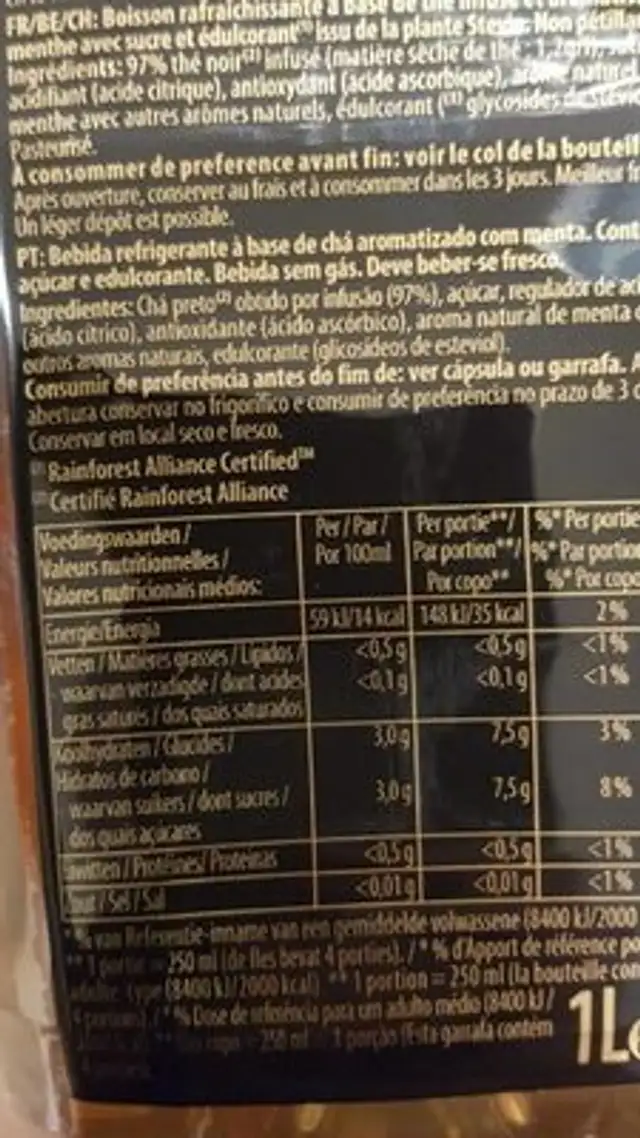 Pure leaf mint tea nutrition facts table