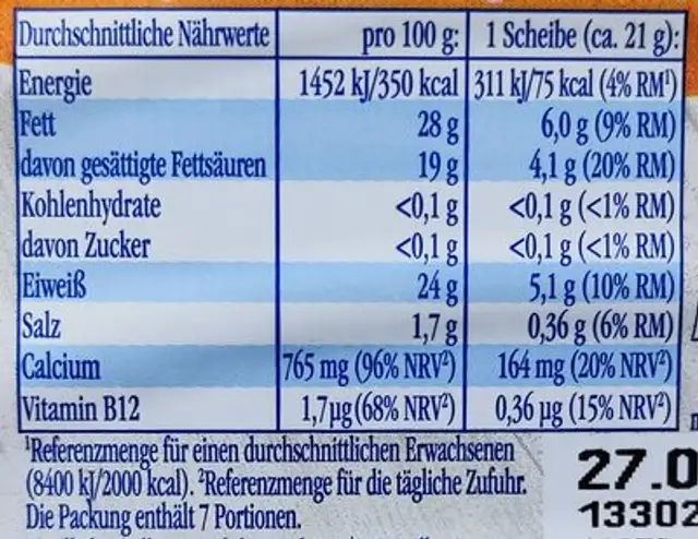 Landkäse sanft-aromatisch nutrition facts table