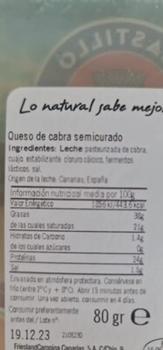 Queso canario cabra semicurado ingredients label