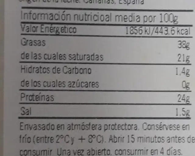 Queso canario cabra semicurado nutrition facts table