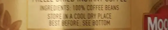 Moccona Classic 5 medium roast ingredients label