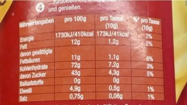 Jacobs Momente Cappuccino Cremafino, 400 G nutrition facts table