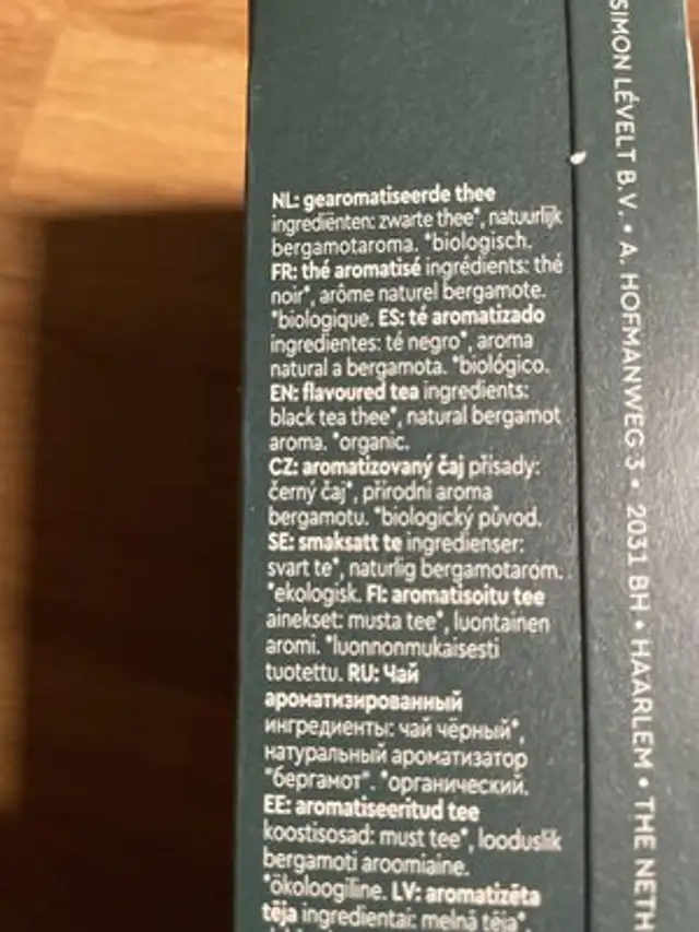 Earl Grey Original ingredients label