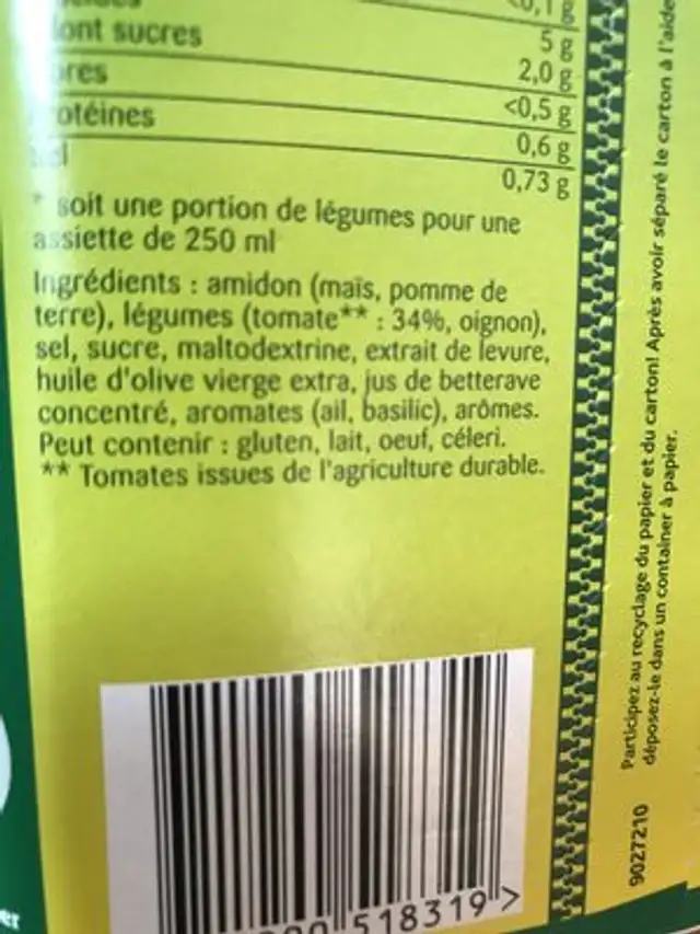 Velouté De Tomates ingredients label