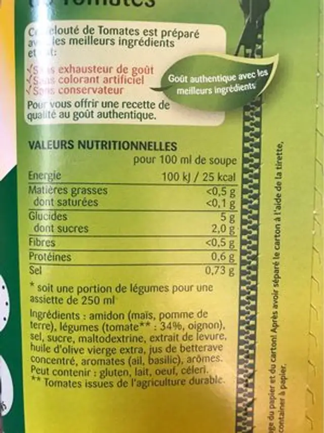 Velouté De Tomates nutrition facts table