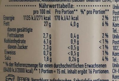 Hellman's mit Knoblauch Note nutrition facts table