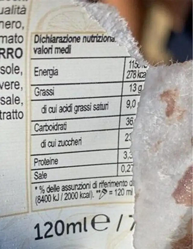 Cornetto stellato al cannolo nutrition facts table