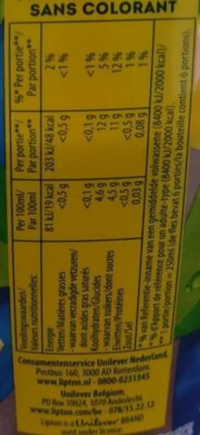 Lipton ice tea nutrition facts table