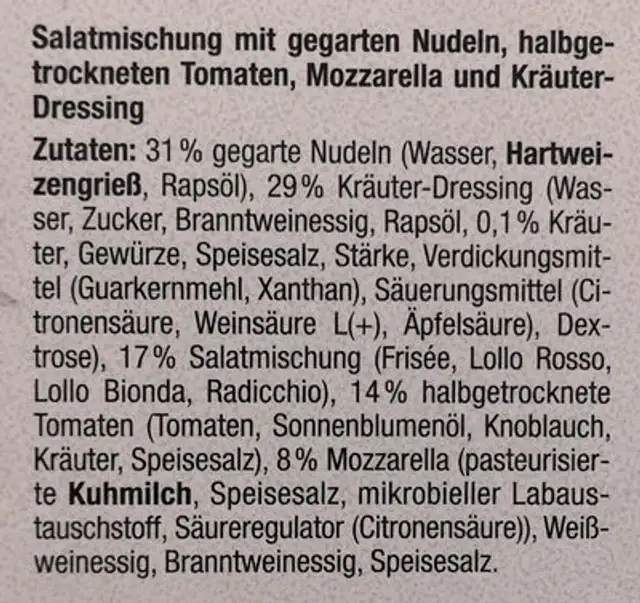 Pasta Salat ingredients label