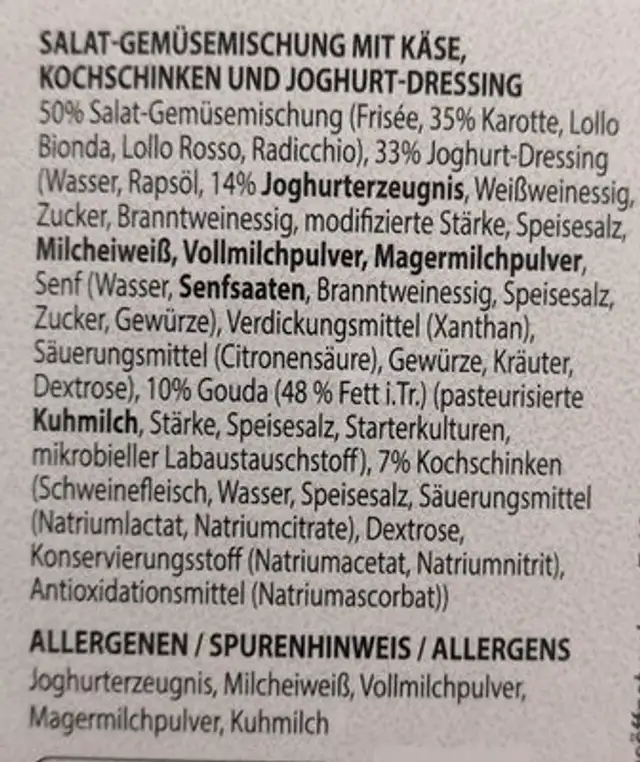 Käse-Schinken Salat ingredients label