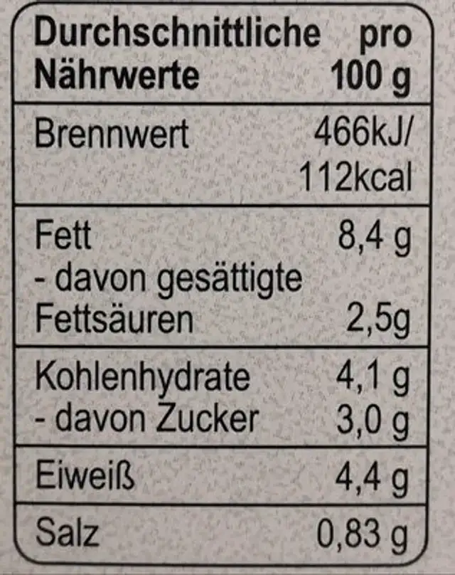 Käse-Schinken Salat nutrition facts table
