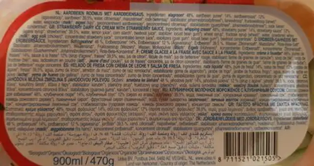 Glace Fraise Bac De 900ML ingredients label