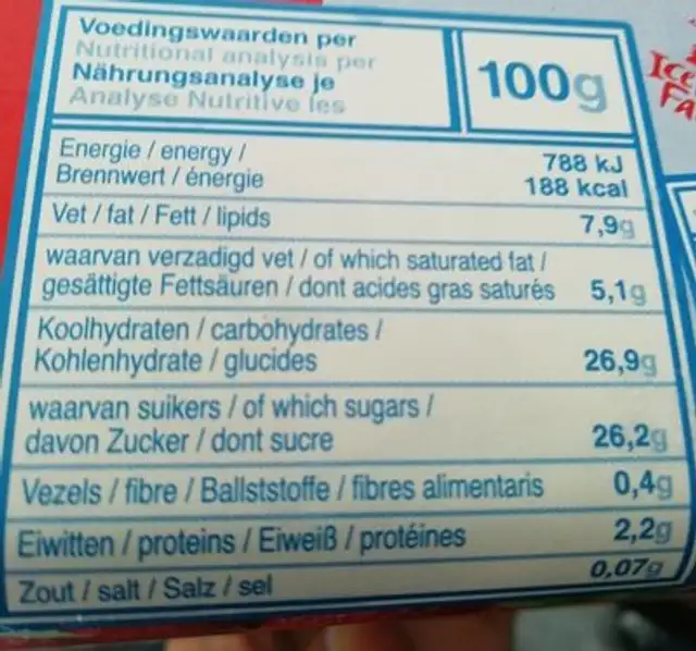 Glace Fraise Bac De 900ML nutrition facts table