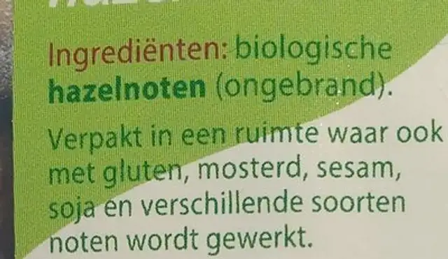 hazelnoten ingredients label
